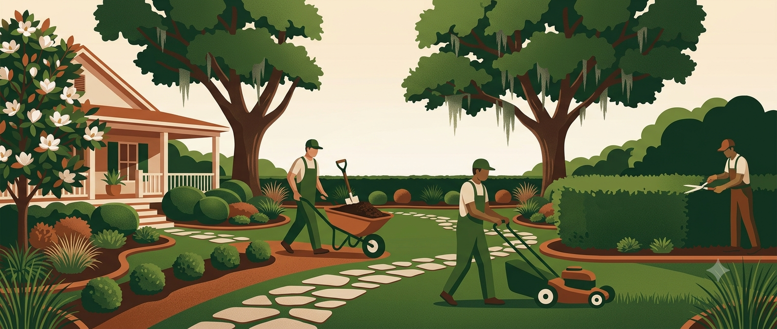 Illustrated landscaping crew at work in a Johns Island SC yard